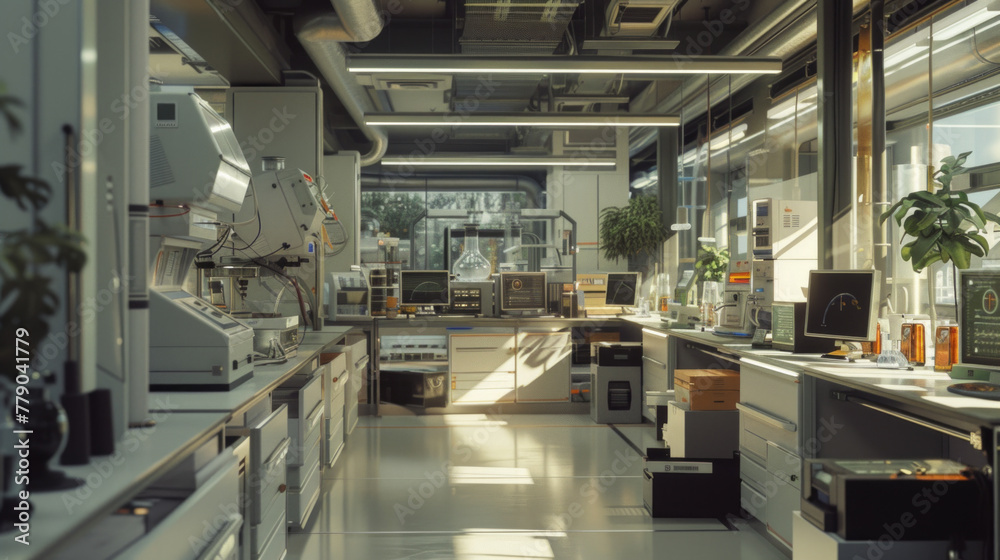 A sophisticated biotech lab, with rows of advanced research equipment and workstations, momentarily unoccupied but ready to drive innovation in the field of medicine