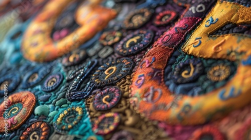 Detailed Embroidery of Numerology Symbols on Fabric