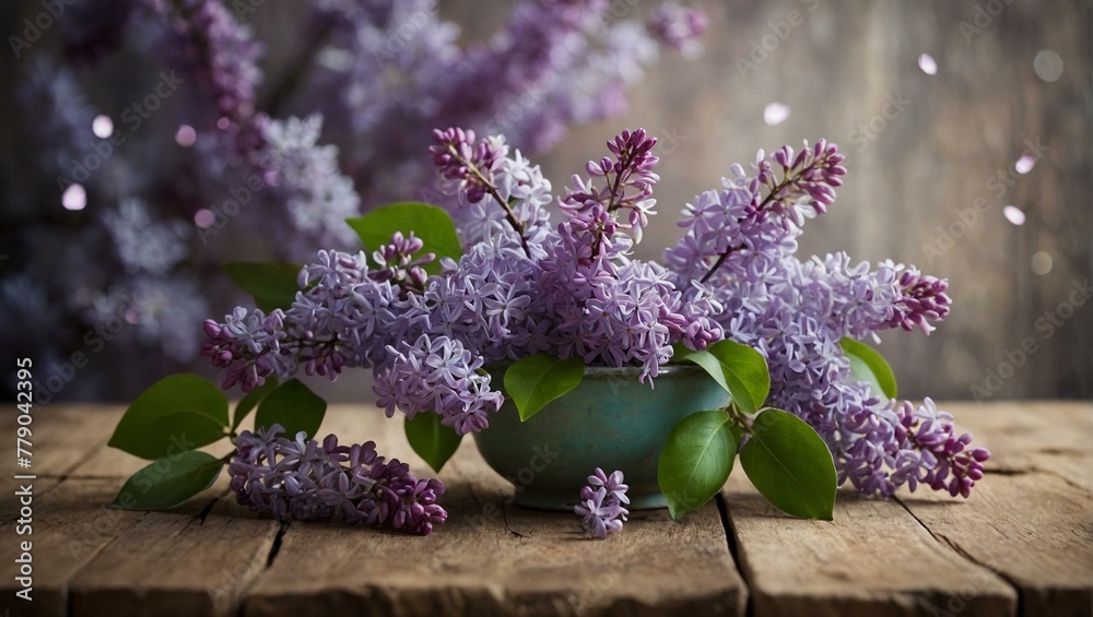 A lush arrangement of blooming lilacs in a charming vintage pot, instantly warming the rustic wooden setting A lush arrangement of blooming lilacs in a charming vintage pot, instantly warming the rustic wooden setting
