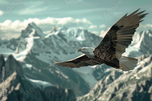 A paper eagle soars high above a realistic mountain range, its wings outstretched, catching the thermals, shadowing the rocky terrain below photo