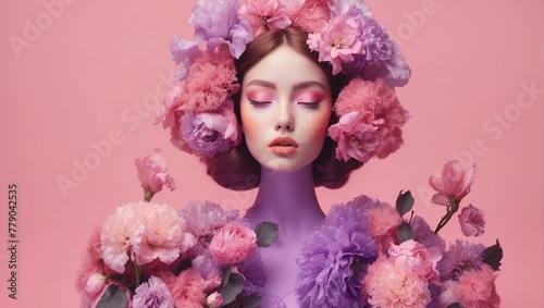 A portrait showing a woman's face surrounded by flowers, creating a serene and surreal image