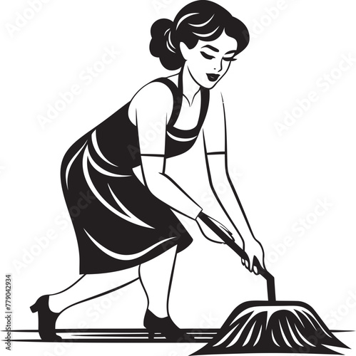 Sparkle Sorceress Woman Mopping Floor Vector Icon Mop Mistress Female Cleaner Vector Logo Emblem