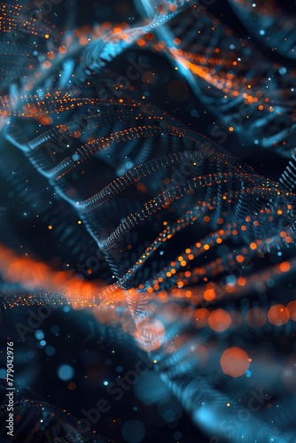 An abstract visualization of genetic data transfer, with flowing strands of DNA and RNA