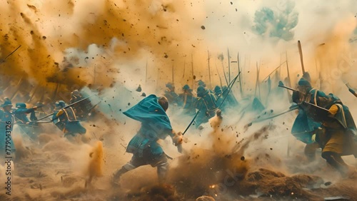 Old japanese samurai battle with swords katana and explosion gunfire photo