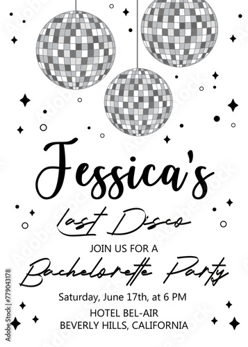 Hen Party invitation card. Last disco bachelorette party invitation template with disco ball. Girls disco party. Wedding stationery. Vector illustration.