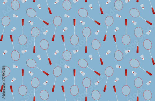Seamless pattern with summer sport and badmint fun. Sports equipment: badminton racket and shuttlecock. Seamless vector pattern