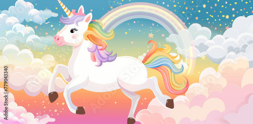 Cute cartoon unicorn with a long mane and tail, surrounded by clouds and rainbows, vector illustration for a children's book