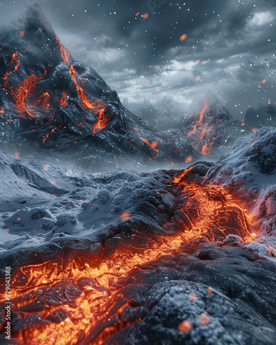 A tempest swirls around a volcanic eruption, lava and freeze intertwining, snowflakes ash upon contact with the molten river