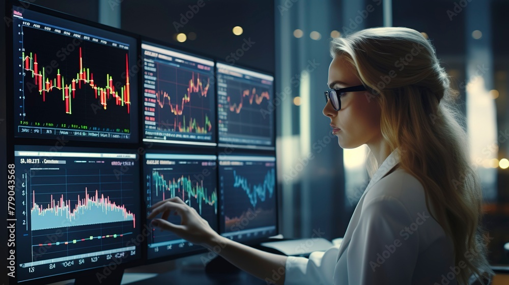 A photo of a businesswoman analyzing financial data. A photo of a businesswoman analyzing financial data.