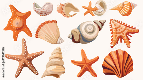 Vector set of sea shells and starfish. Paper art 2d