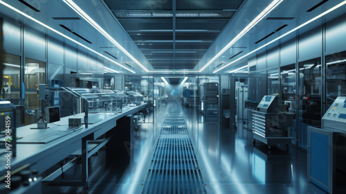 A state-of-the-art semiconductor fabrication facility with intricate machinery and cleanrooms, momentarily quiet but capable of producing advanced computer chips photo