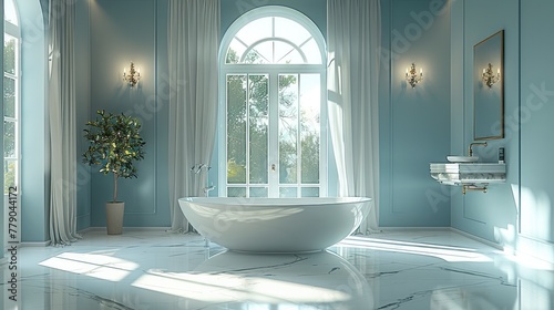 Super luxurious bathroom  exquisite window  white curtains fluttering  natural light passing through large windows  white marble floors  light blue walls. Generative AI.