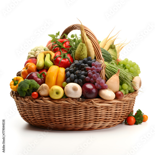 Healthy food in basket. Studio photography of different fruits and vegetables isolated on white backdrop, top view. High resolution product.