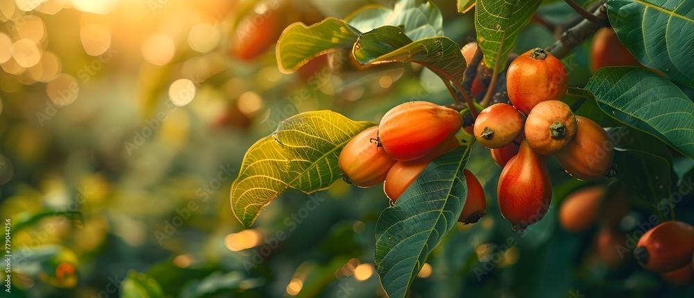 Sunlit Cashew Bounty: Nature's Harmony. Concept Cashew Plantations, Nut Harvesting, Tropical Forest Ecosystems, Sustainable Agriculture, Organic Farming - obrazy, fototapety, plakaty 