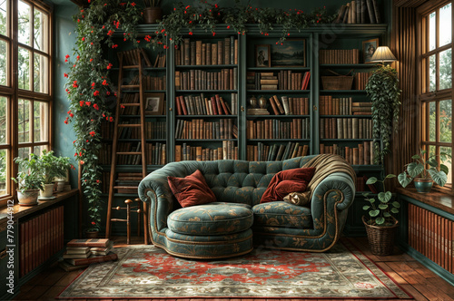 library adorned with green plants, books, and comfort