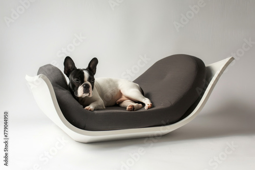 French Bulldog on a designer grey pet bed