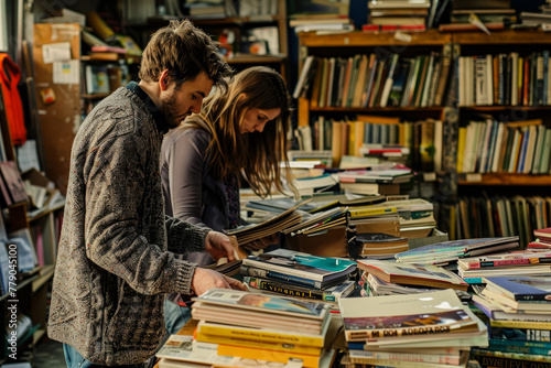 A man and a woman are looking at books on a table