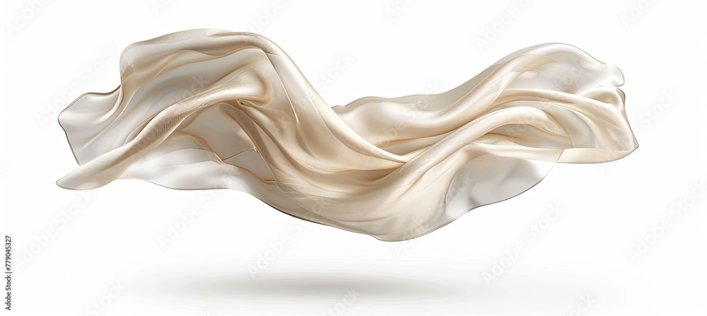 Beige silk fabric floating in air on white background