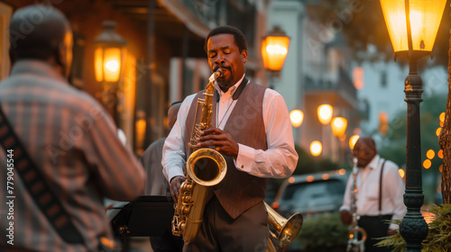 Jazz Musician Playing Saxophone on Urban Street at Dusk