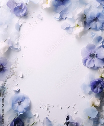 Soft pastel blue and purple flowers frame a blank space in the center on a white background, botanical, art noveau photo