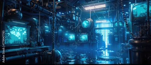Hyper-realistic scene of an underwater lab observing the evolution of artificial life forms, bathed in the blue glow of monitors