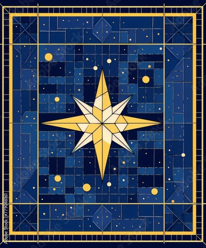 Blue and yellow geometric pattern in stained glass style
