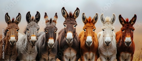 Donkey Companions: Harmony in Hues and Sizes. Concept Donkey Companions, Harmony in Hues, Sizes, Cute Portraits, Colorful Groups