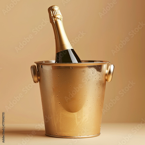 Bottle of champagne in a cooler bucket isolated on beige background