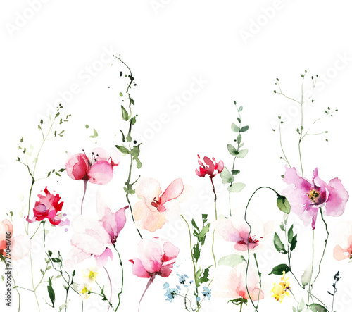 Watercolor floral seamless border frame on white background. Pink, orange growing wild flowers, herbs, leaves and twigs.