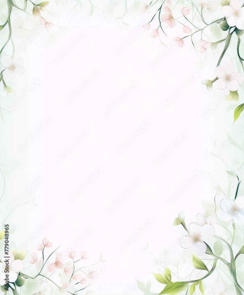 Delicate white and pink flowers frame in watercolor style on a pale green background Delicate white and pink flowers frame in watercolor style on a pale green background