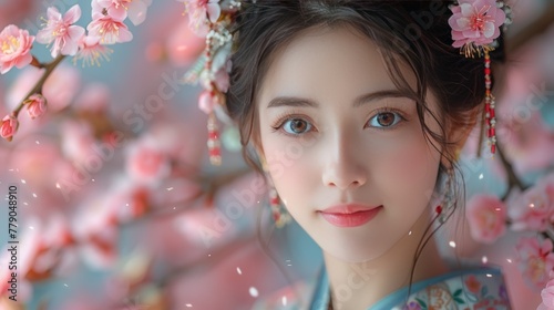 Portrait of a beautiful girl in traditional clothes on a background of cherry blossoms.