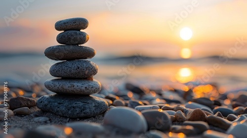A pyramid made of large pebbles on the ocean shore against the sunset background