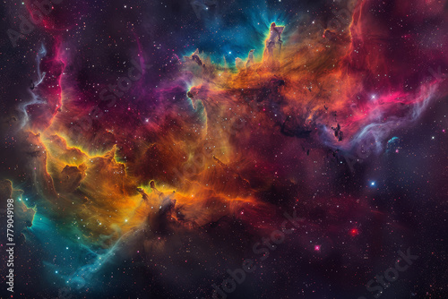 A colorful space with a bright orange cloud in the middle