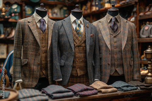  suits on mannequin in an old fashioned tailor store