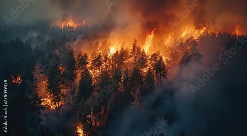 Forest fire. Aerial high view. Generative AI. © visoot