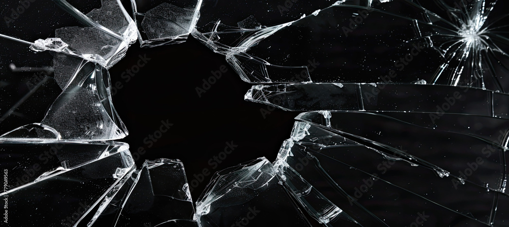 Broken glass isolated on black background with hole