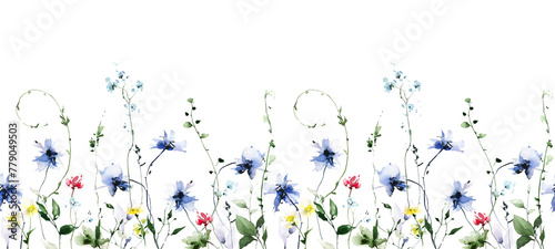 Watercolor seamless floral border frame on white background. Red, blue wild flowers, branches, leaves and twigs.