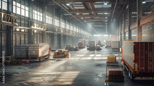 A bustling food distribution center with loading docks and delivery trucks, currently empty but poised to handle the transportation of food supplies