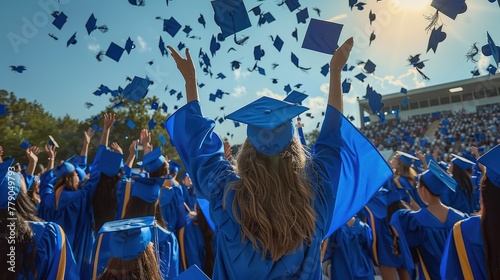 A group of graduates throw their caps in the air in unison. Generative AI.