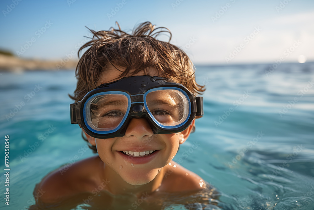 Little brunette kid at outdoors with diving goggles