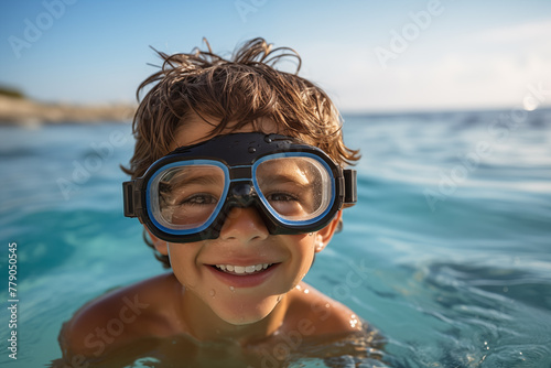 Little brunette kid at outdoors with diving goggles