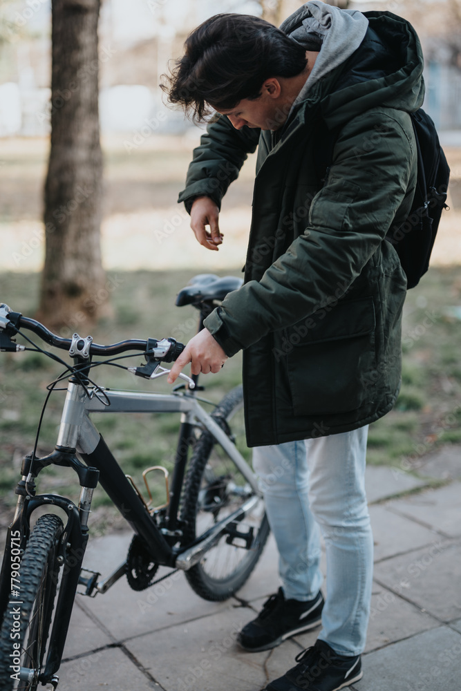 A young, casual man is inspecting or locking his mountain bike in a city park, preparing for a leisure ride. A young, casual man is inspecting or locking his mountain bike in a city park, preparing for a leisure ride.