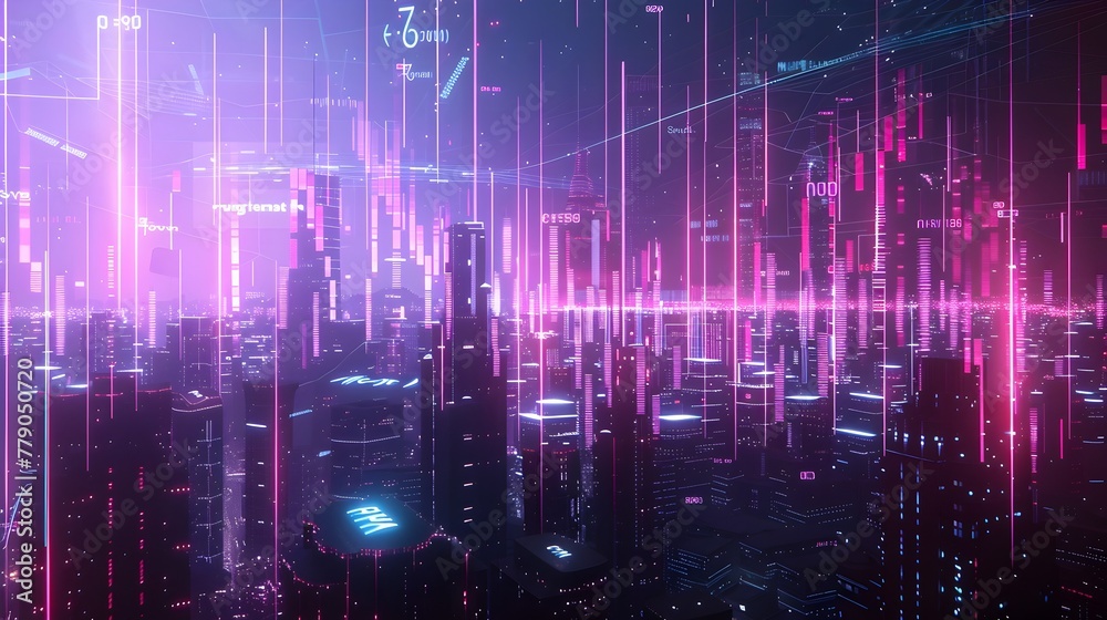 Futuristic Skyline with Glowing Neon Lights and Holographic Simulation