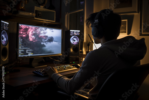 gamer person playing in the room with computer