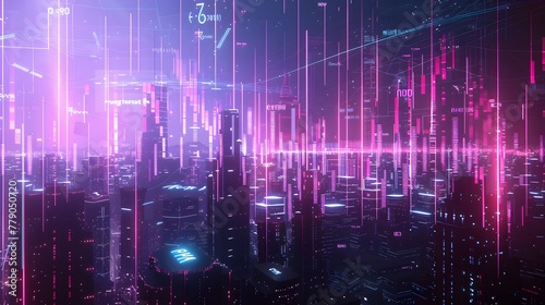 Futuristic Skyline with Glowing Neon Lights and Holographic Simulation