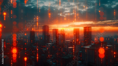 Vibrant Futuristic Cityscape with Towering Skyscrapers and Neon Glow at Dramatic Sunset