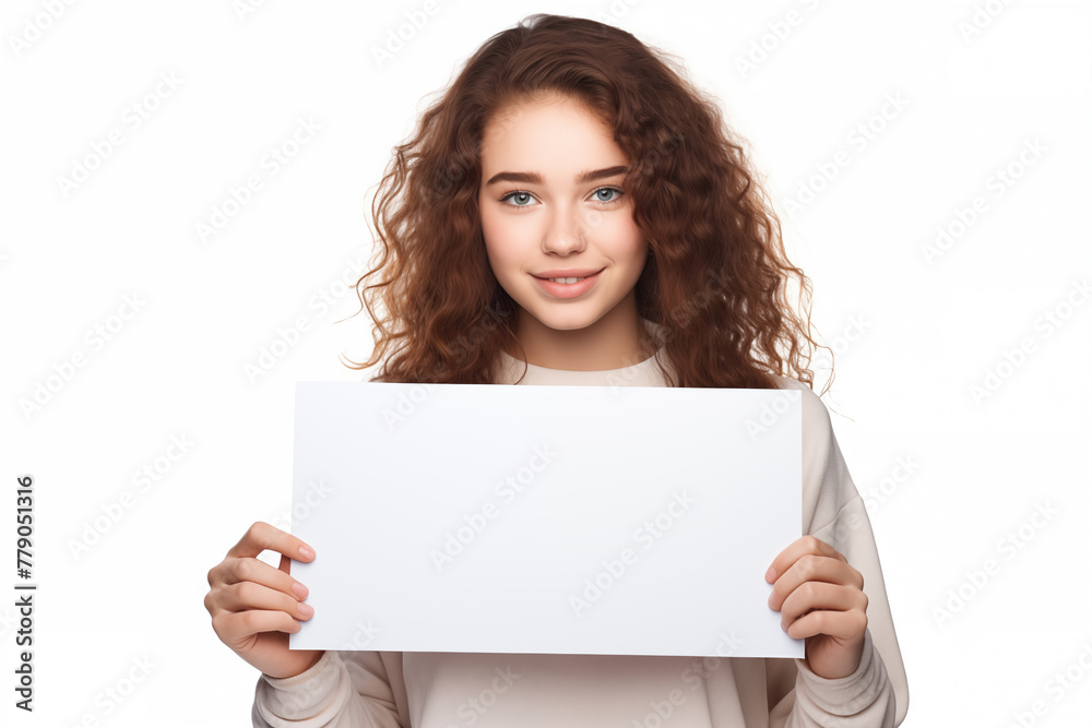 Young pretty brunette girl over isolated white background holding an empty placard Young pretty brunette girl over isolated white background holding an empty placard