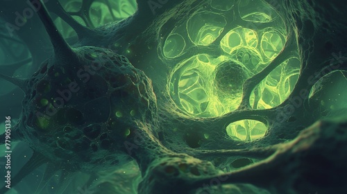 Cell undergoing necrosis, eerie green glow, zoomedin view, detailed decay, pathological illustration photo