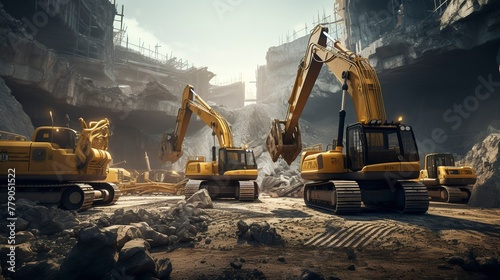 A photo of a construction site with a fleet of bulldozer photo