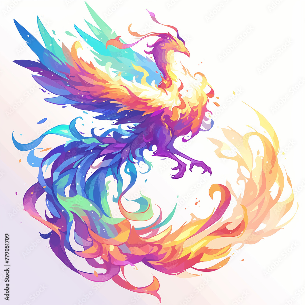 Illustration of a rainbow phoenix on a white background